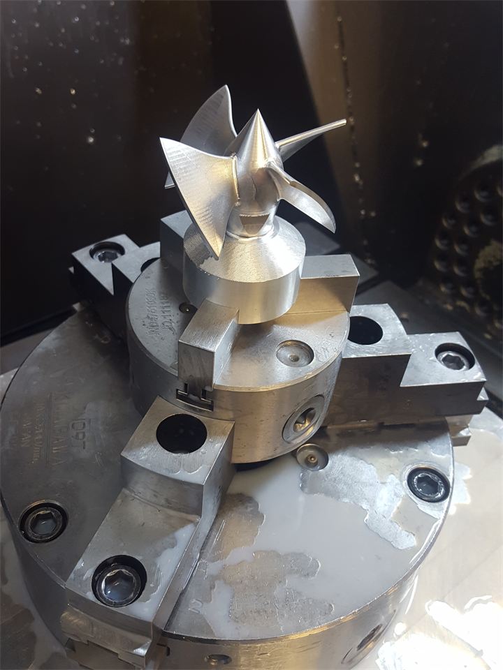 Machined impeller on a three-jaw chuck